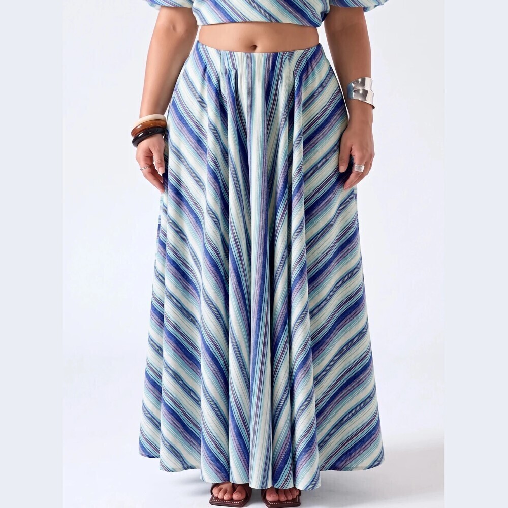 Blue Multi Striped Woven Lightweight Maxi Skirt with Pockets